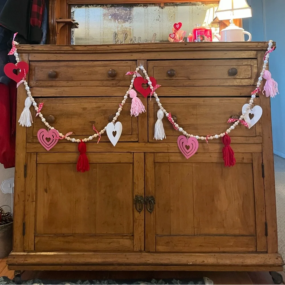 Handmade Heart, Tassel, and Ribbon Garland with Pink, Red, and White 6 ft long